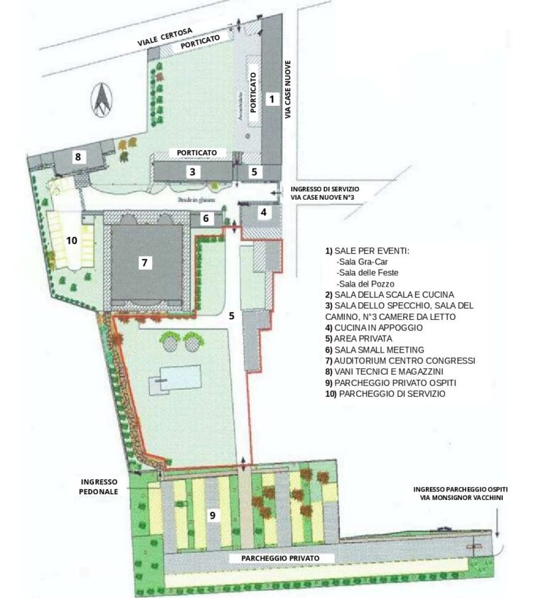 Mappa dell'Antico Borgo della Certosa: spazio per eventi aziendali tra Pavia e Milano con parcheggio, porticati, sale e centro congressi